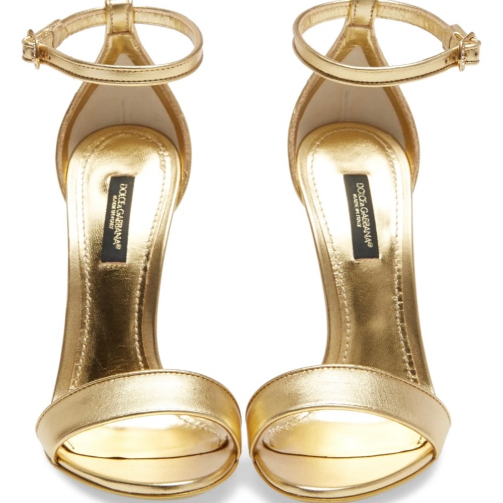 Dolce & Gabbana Gold Metallic Ankle-Strap Sandals with Decorative Logo Heel - Picture 8 of 11